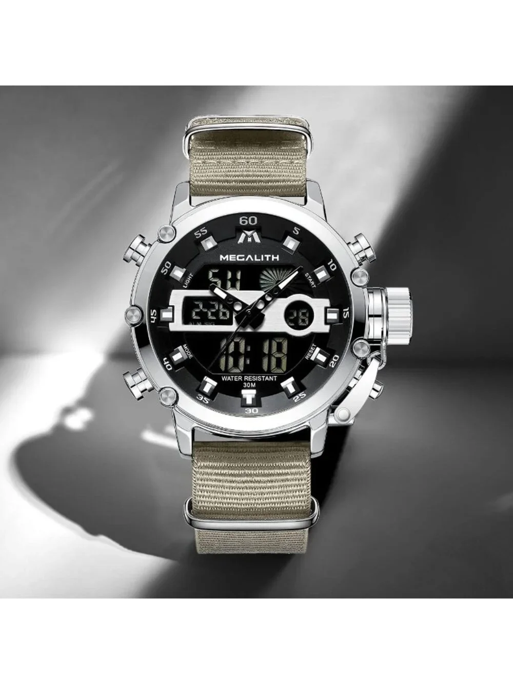 Men's Khaki Analog Quartz Nylon Strap Waterproof Multifunction Digital Watch